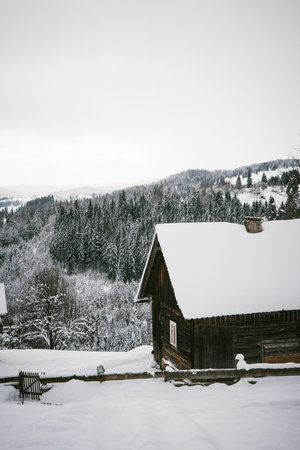 Snow-Covered Cabin with Forested Mountain Landscape in Winter Countrysideの写真素材
