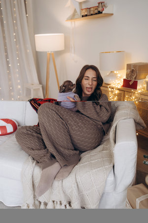 Woman Enjoying Cozy Moments with Her Chihuahua Dog in a Festive Christmas Settingの写真素材