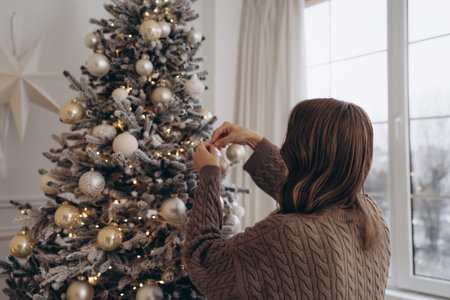 Woman decorating a Christmas tree with golden ornaments at homeの写真素材