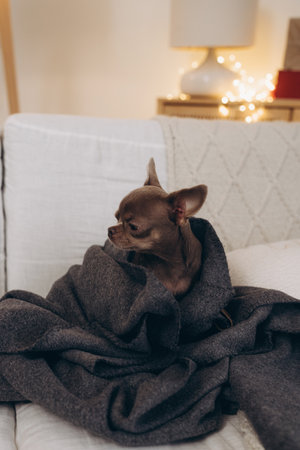Chihuahua wrapped in a cozy gray blanket on a couch during Christmasの写真素材