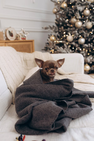 Chihuahua wrapped in a cozy blanket with a Christmas tree in the backgroundの写真素材