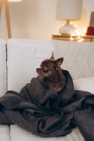 Chihuahua wrapped in a cozy gray blanket on a couch during Christmasの写真素材