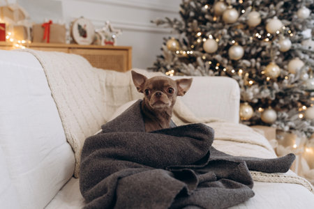 Chihuahua wrapped in a cozy blanket with a Christmas tree in the backgroundの写真素材