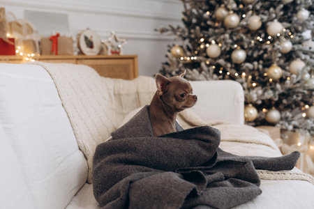 Chihuahua wrapped in a cozy blanket with a Christmas tree in the backgroundの写真素材