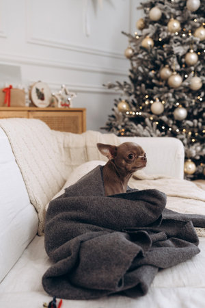 Chihuahua wrapped in a cozy blanket with a Christmas tree in the backgroundの写真素材