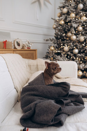 Chihuahua wrapped in a cozy gray blanket on a couch during Christmasの写真素材
