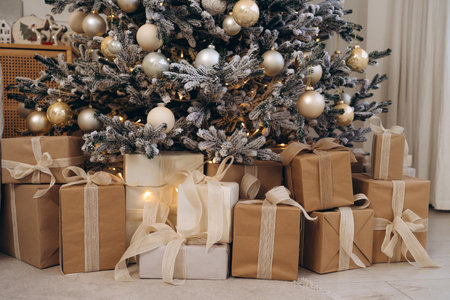 Close-Up of Wrapped Christmas Gifts Beneath Decorated Treeの写真素材