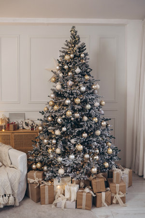Beautifully Decorated Christmas Tree with Wrapped Giftsの写真素材