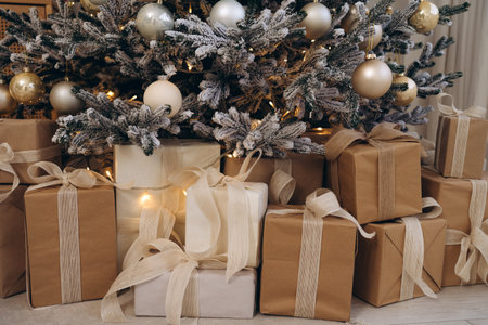 Close-Up of Wrapped Christmas Gifts Beneath Decorated Treeの写真素材
