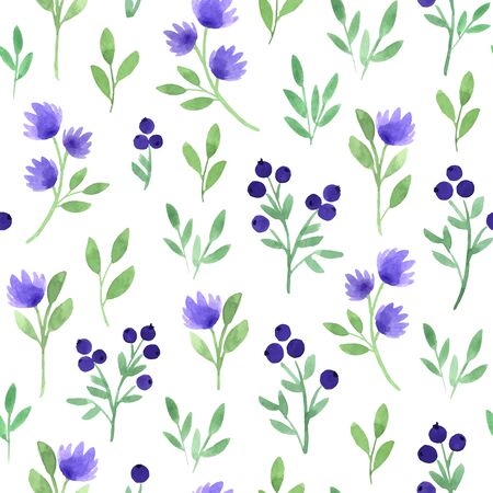 Seamless  pattern with blue handmade flowers and leaves. Vector illustration, isolated on white background.のイラスト素材