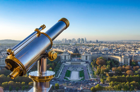 FRANCE, PARIS - 14 OCTOBER 2017. Eiffel Tower telescope overlooking for Paris