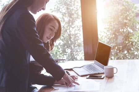 Businessmen agree to partner in the trade,Accountant working at office,Manager present the work to customers,Boss training,Export conference report,Employees worried about export decline.の写真素材