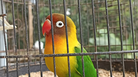 Parrot in a cage at the zoo. Animal in captivity.の写真素材