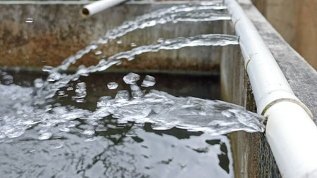 Water flowing from the roof of a building to the ground. Shallow depth of fieldの写真素材