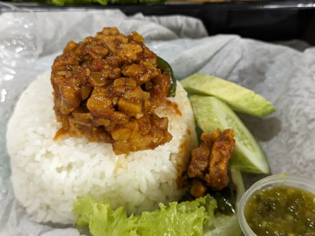 Rice with tempeh and chilli in Indonesian style food.の写真素材