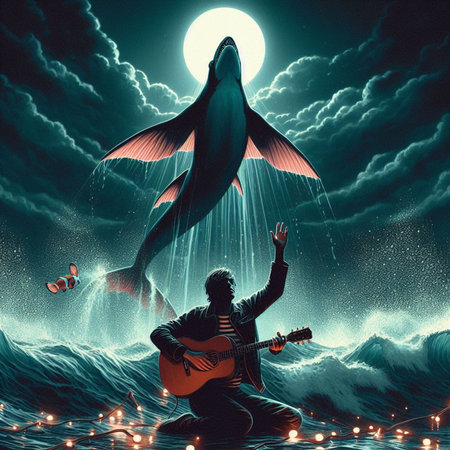Man playing guitar and mermaid like fish flying in the night sky with full moonの素材