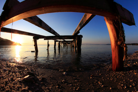 Sunrise at sea. Morning at sea. Marine details. Dock at sea.の写真素材