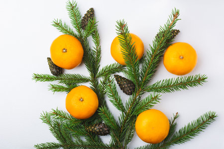 Tangerines with fir branches and pine cones on a white background. Postcard Christmas and New Year....