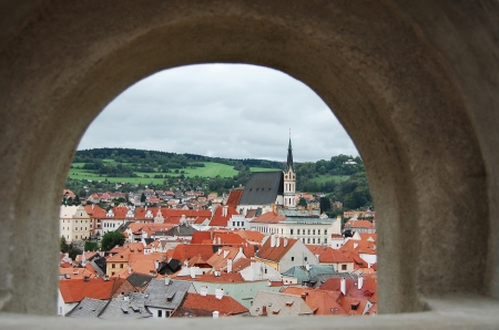 Cesky Krumlov castle and old town centre seen through loophole  
の写真素材