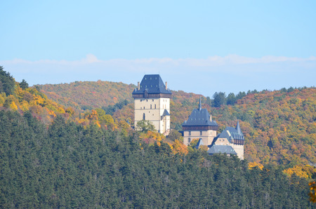 A view to Karlstejn Castle from the golf club below  A large Gothic castle located in the Czech Republic, founded 1348 by Charles IV, Holy Roman Emperor-elect and King of Bohemia のeditorial素材