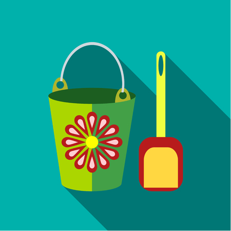 Children's toy pail with shovel in blue-green background. Picture style flatのイラスト素材