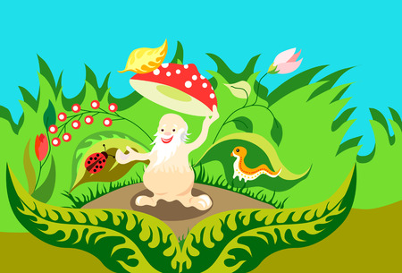 Jolly old man fly agaric mushroom takes off his hat in greeting.のイラスト素材