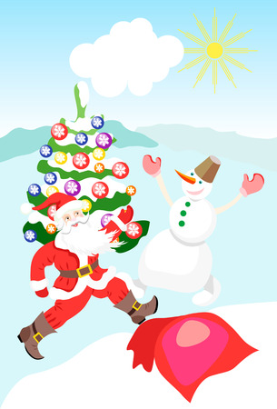 Santa Claus and Snowman dance around the Christmas tree, celebrate the New Year.のイラスト素材