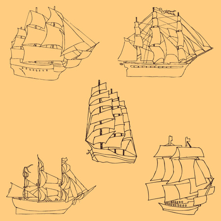 Sailboats. Sketch by hand. Pencil drawing by hand. Vector image. The image is thin lines. Vintageのイラスト素材