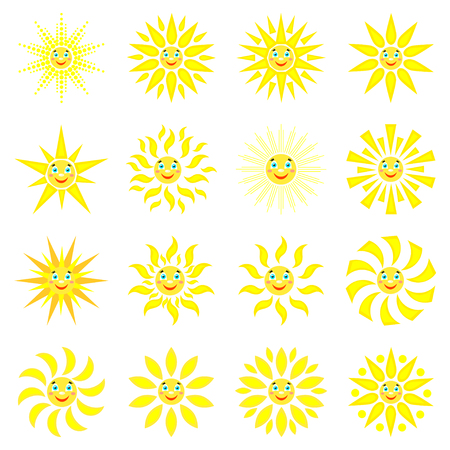 Smiling Sun with rays of different shapes. Set of 16 icons on a white background. Vector image in a cartoon styleのイラスト素材