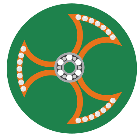 Orange spinner with transparent center and bearing a flat style. Vector image on a round dark green background. Element of design, interface.のイラスト素材