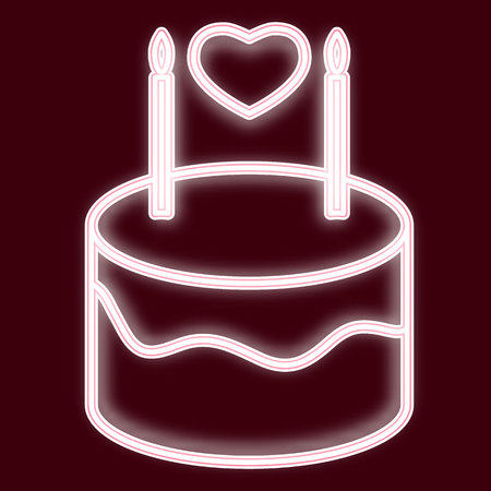 Image of a birthday cake with candles and heart. Icon with the effect of neon glow. The symbol of Valentine s Day. Vector image.のイラスト素材