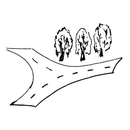 A fork in the road and trees. Nature. A sketch. A hand-drawn drawing. A design element. Clip-Artのイラスト素材