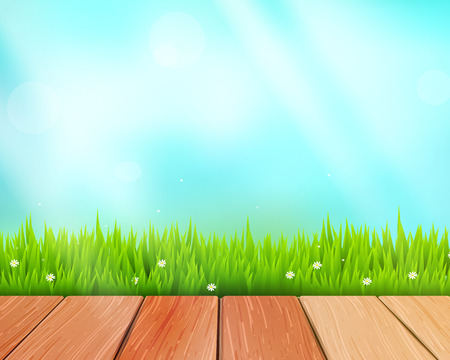 Vector rustic wooden planks and grass on blue backgroundのイラスト素材
