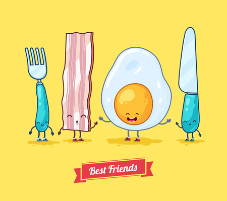 Vector funny cartoon. Funny egg, bacon, knife, fork.  Best friends.のイラスト素材