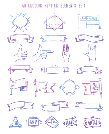 Design elements set. catchwords, ribbons, ampersands, frames, flags, hands. Vector graphic color setのイラスト素材