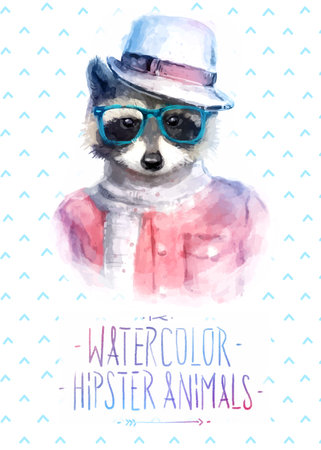 Vector illustration of raccoon portrait in sunglasses and pullover, retro style, hipster lookのイラスト素材