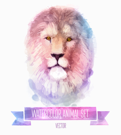 Vector set of watercolor illustrations. Cute lionのイラスト素材