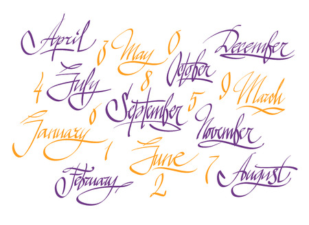 Title of months of the year. Numbers from 0 to 9. Letters of the alphabet written with a brush.のイラスト素材