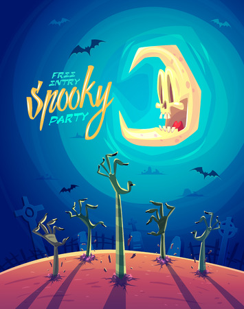 Zombie arms. Halloween Zombie Party Poster and funny moon. Vector illustration.のイラスト素材