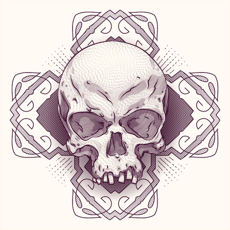 One engraving skulls with modern street style background. Vector skulls illustrationのイラスト素材