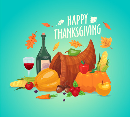 Happy thanksgiving day. Set of colorful cartoon icons for thanksgiving day celebration, can be use as flyer, poster or banner.のイラスト素材