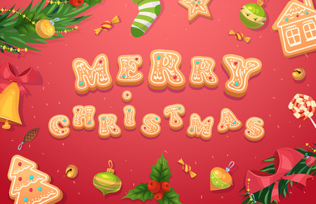 Christmas gingerbread cookies and sweets. Christmas greeting card background poster. Vector illustration. Merry christmas and Happy new year.のイラスト素材