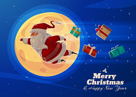 Funny Supersanta with presents on the background of the moon. Christmas greeting card background poster. Vector illustration. Merry christmas and Happy new year.のイラスト素材
