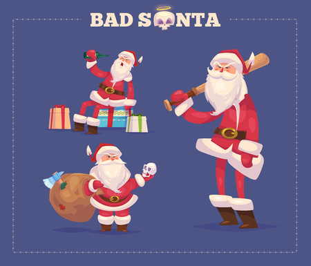 Set of the Bad Santa with presents on blue background. Christmas greeting card background poster. Vector illustration. Merry christmas and Happy new year.のイラスト素材