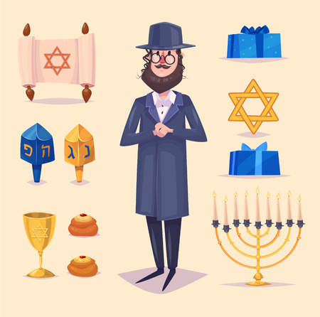 Hanukkah celebration. Great world wide jewish holiday.  Set of colorful elements. Stock flat vector illustration set.のイラスト素材