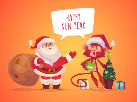 Cute Santa and monkey. Monkey with present in her hand and Santa with a bag of gifts .  The simbol of new year.  Merry christmas and happy new year. Vector illustration.のイラスト素材