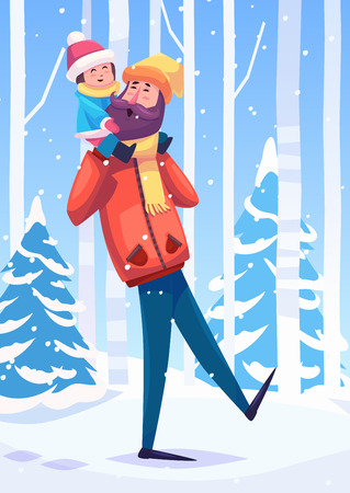 Vector illustration of a father and her daughter or son walking in the forest. Snow landscape background. Flat vector stock illustration.のイラスト素材