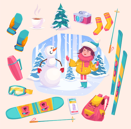 Cute winter girl plaing with snowman in the forest. Snow landscape background. Flat vector stock illustration.のイラスト素材