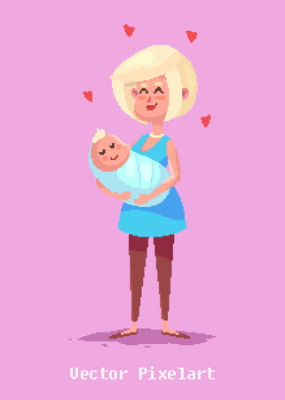 Pixel art. Funny  illustration of woman with baby. Cartoon character.のイラスト素材