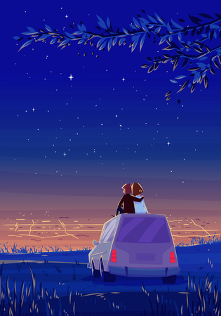Two Happy lovers sitting on the roof of the car and look at the city at night.のイラスト素材